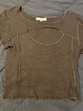 Gilded Intent Brown Waffle Knit Cutout Short-Sleeve Top